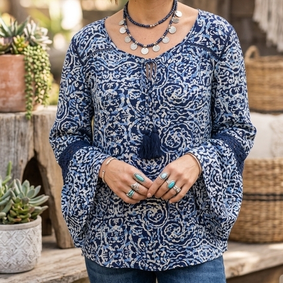 Passport Tops - Passport Navy and White Patterned Blouse